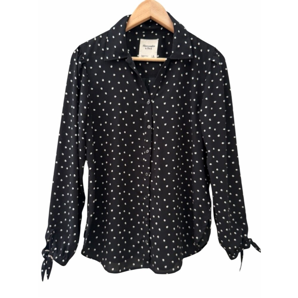Abercrombie & Fitch Black White Polka Dot Button Front Tie Cuff Top Women Sz M